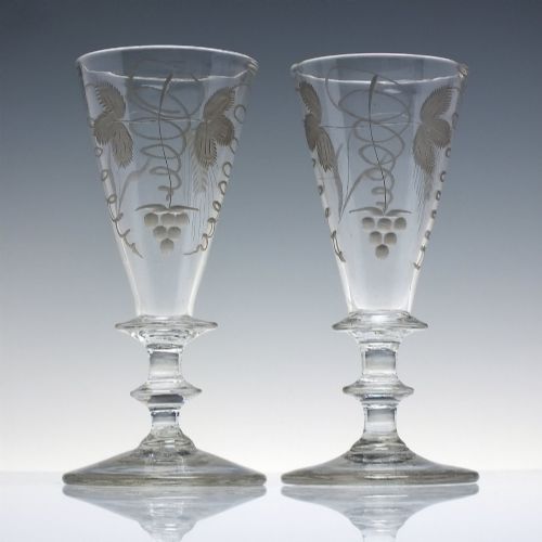Rare Pair of Georgian Engraved Barley Wine Glasses C1800