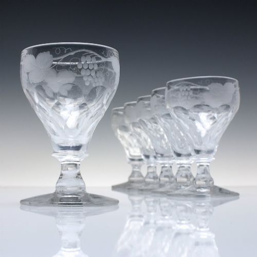 Set of Six Vintage Engraved and Cut Pan Top Port or Wine Glasses C1925–50 - John Walsh Walsh