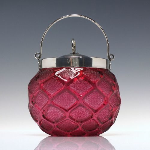 Fine Victorian Cranberry Glass Biscuit Barrel with Diamond and Floral Decoration C1890