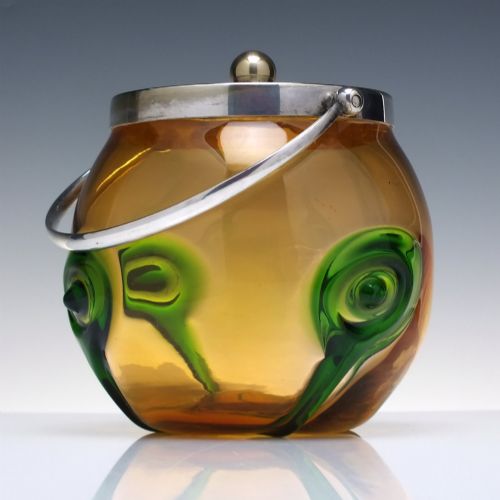 A Rare Victorian Burnt Amber and Green Peacock Eye Art Nouveau Glass Biscuit Barrel, Attributed to Stuart & Sons C1890-1905