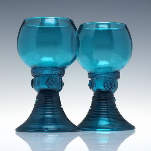 Fine Pair of Early 19th Century Peacock Blue Wine Glasses C1810