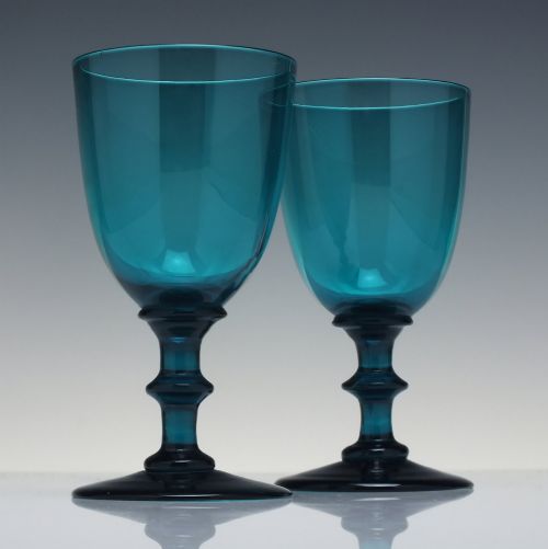 Pair Georgian Emerald Blue Wine Glasses C1820