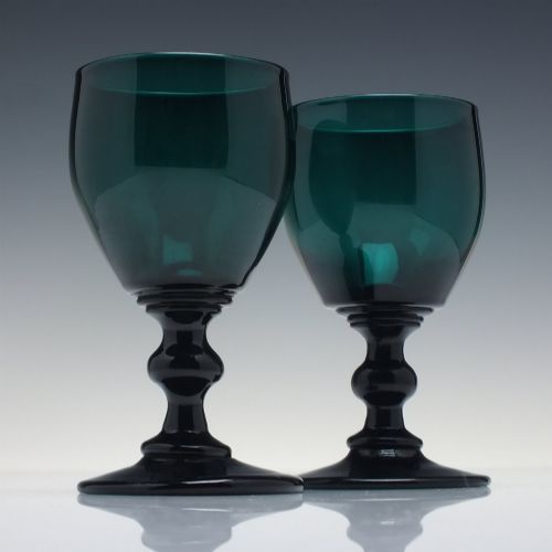 Pair Rare Curved Bucket Bowl Georgian Emerald Green Wine Glasses C1800