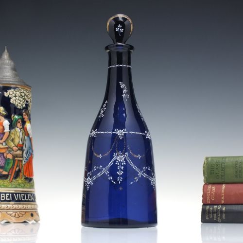 19th Century Enamelled Bohemian Blue Glass Taper Decanter C1820-30