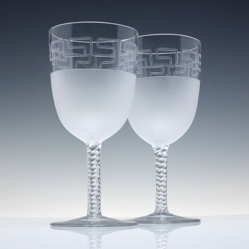 Pair Large Edwardian Engraved Wine Glass Goblets C1910