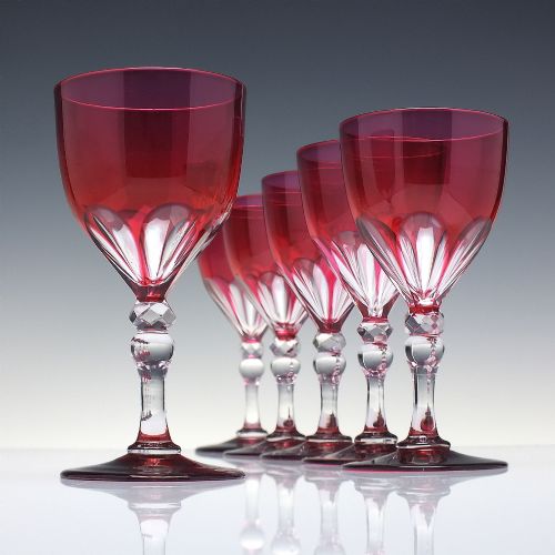 Six Antique 19th Century Cranberry Wine Glasses C1880