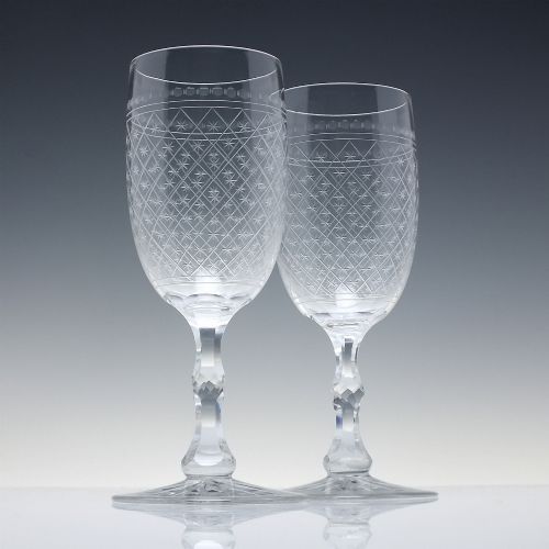 Pair of Tall Antique Victorian Engraved Wine Glass Goblets C1890
