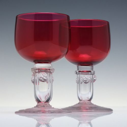 Pair 19th Century Antique Cranberry Wine Glasses c1870