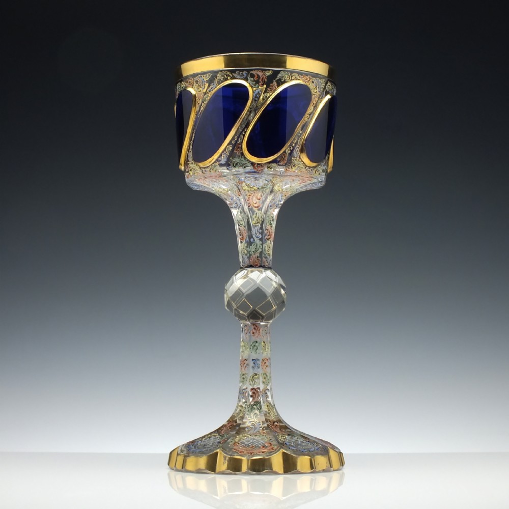 Large Moser Tri-Colour Enamelled Glass Goblet c1890