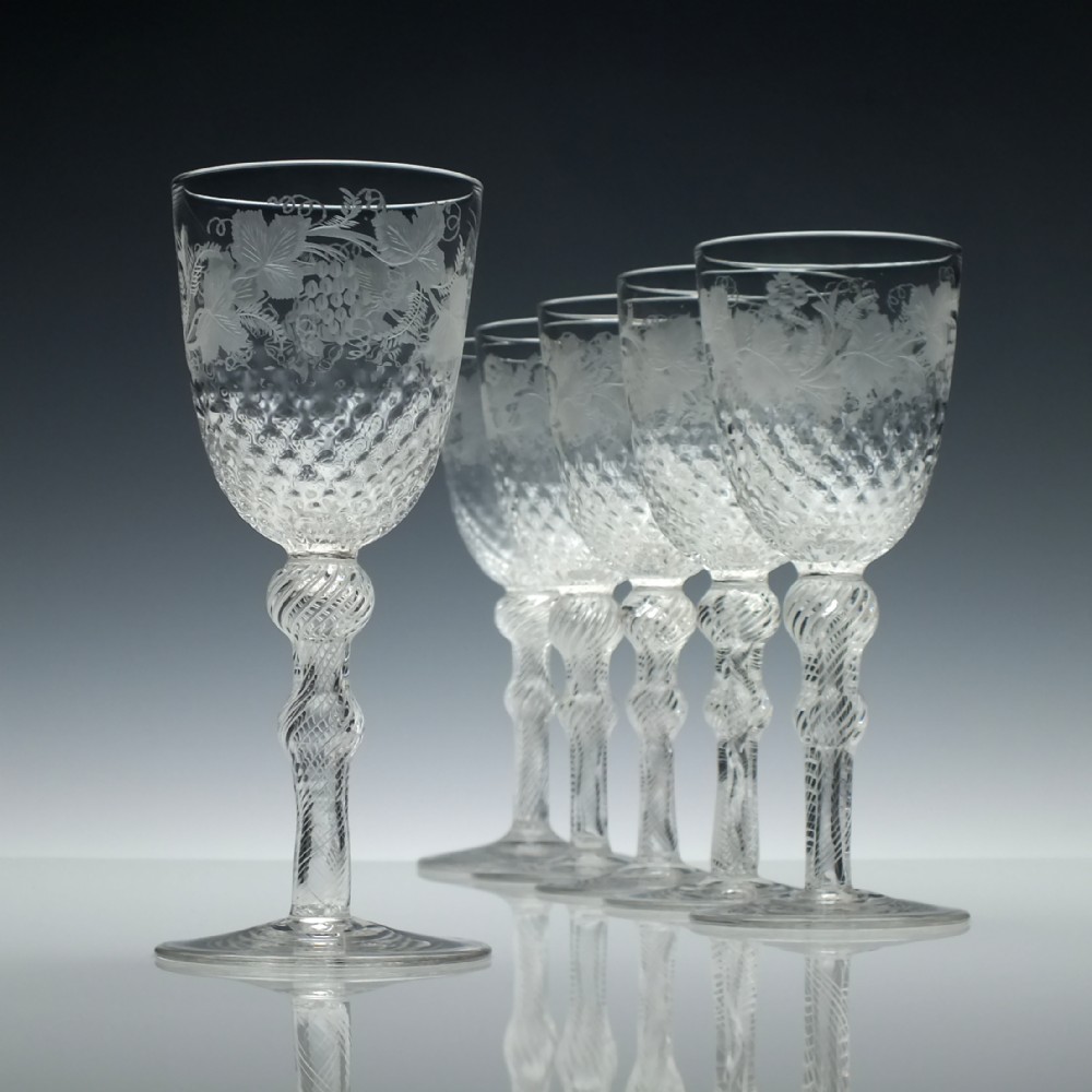 Six 19th Century Double Series Air Twist Wine Glasses