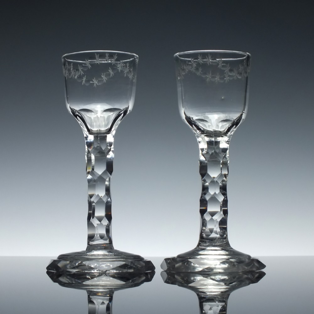 Pair of 18th Century Georgian Facet Wine Glasses with Octagonal Feet c1795