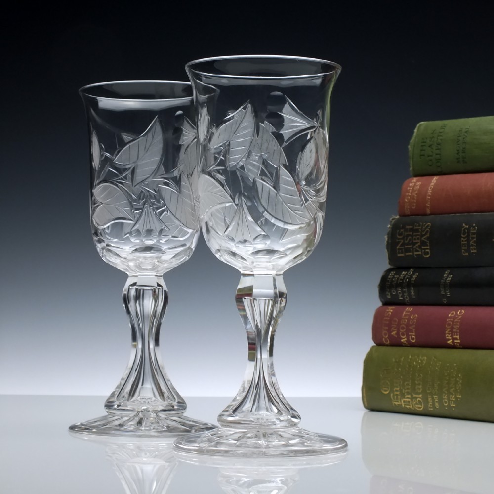 Pair of Engraved 19th Century Richardson Glass Wine Goblets c1880