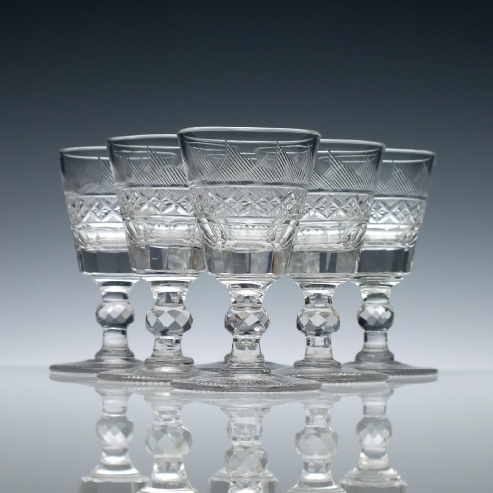 Set of Six Cut 19th Century Anglo Irish Port Wine Glasses c1840