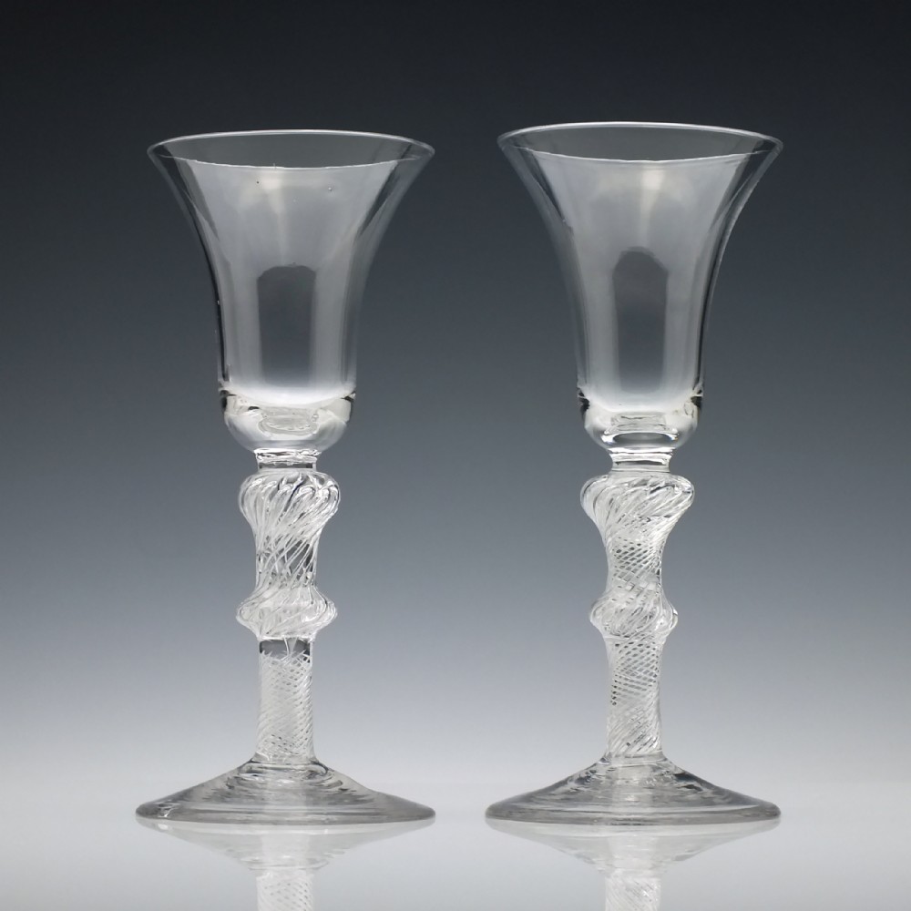 Pair of Large Georgian Double Knopped Air Twist Wine Glasses c1750
