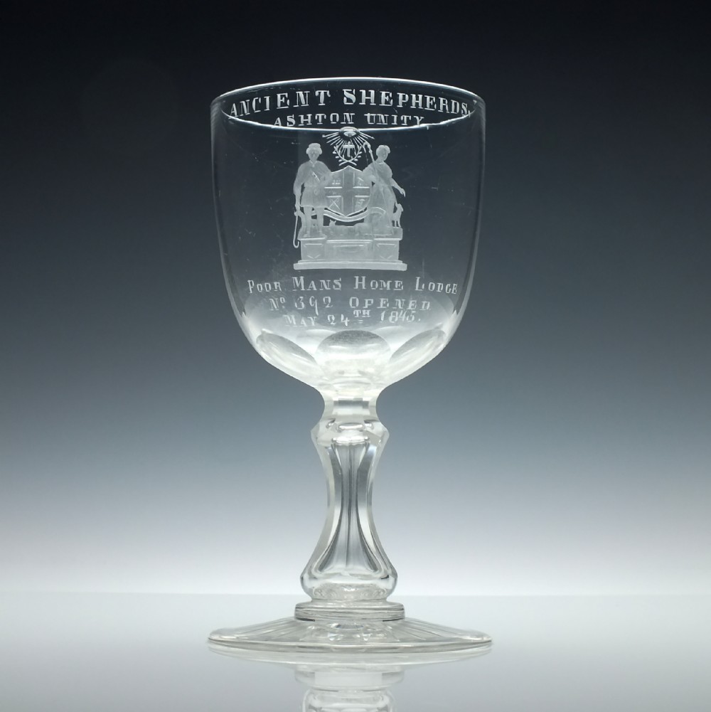 Engraved Ancient Shepherds Ashton Unity Glass Goblet c1860