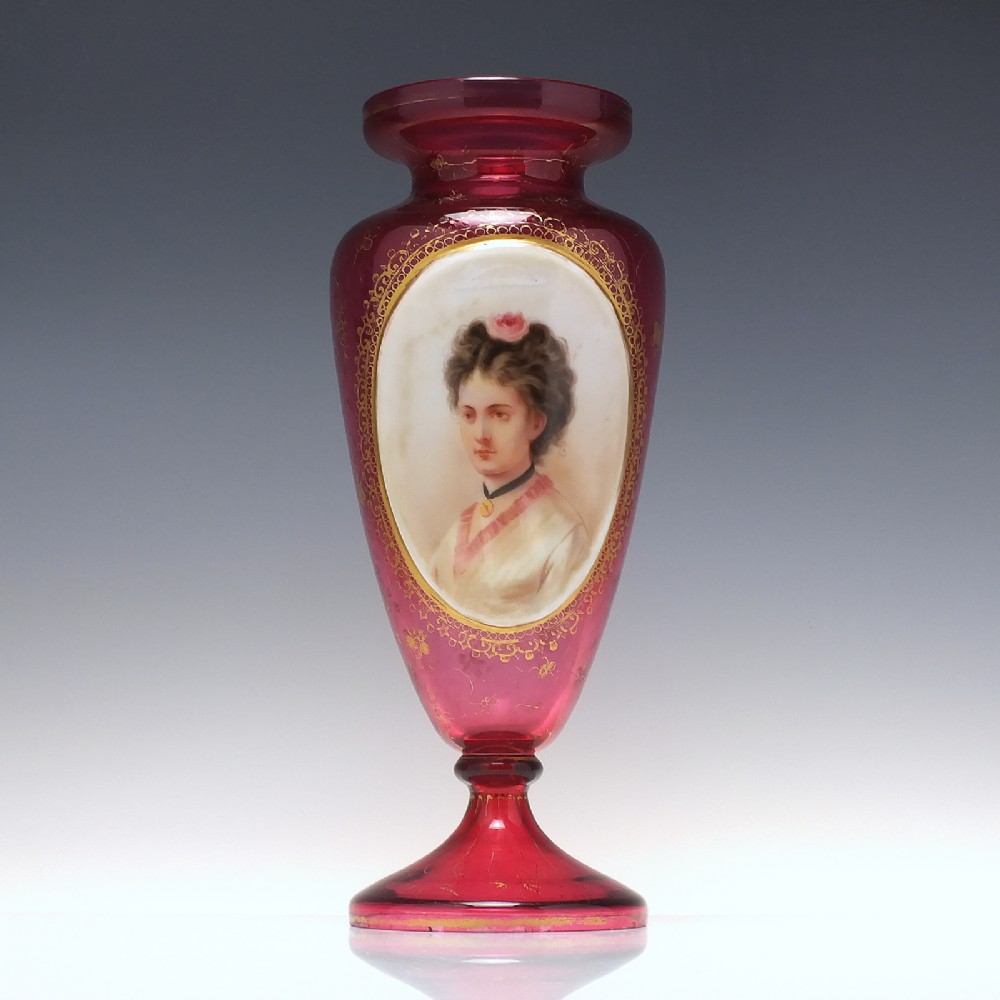 Large Victorian Bohemian Cranberry Gilded & Hand Painted Portrait Vase c1860