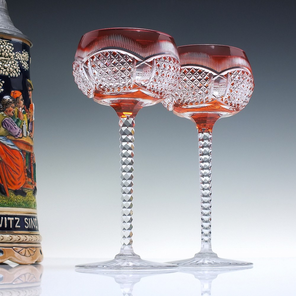Pair of Val St Lambert Brilliant Cut Crystal Hock Wine Glasses c1940