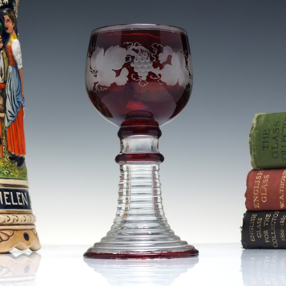 Antique Engraved Ruby Red Engraved Wine Glass Roemer c1900