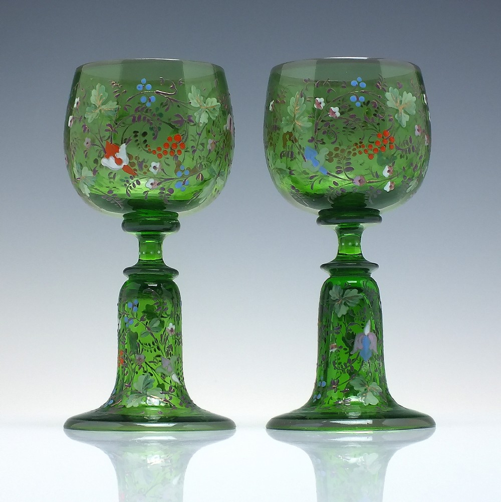 Pair Antique Moser Polychromatic Enamelled Wine Glasses c1880