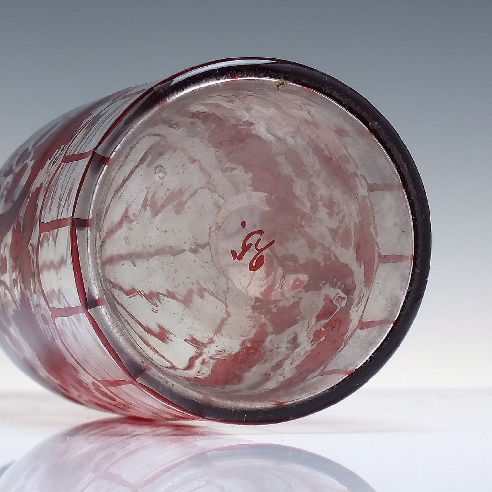 A tall clear glass decanter featuring red hand-painted floral motifs, vertical stripes, and a faceted glass stopper. View VII