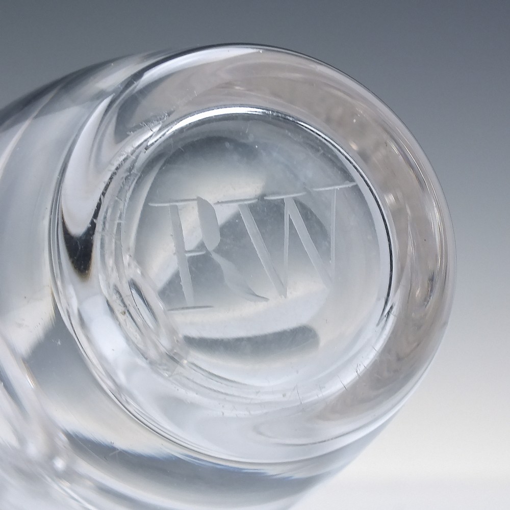 A clear hand-blown glass Scottish whisky measure featuring a flared rim, applied neck ring, and cut shoulder flutes. View V