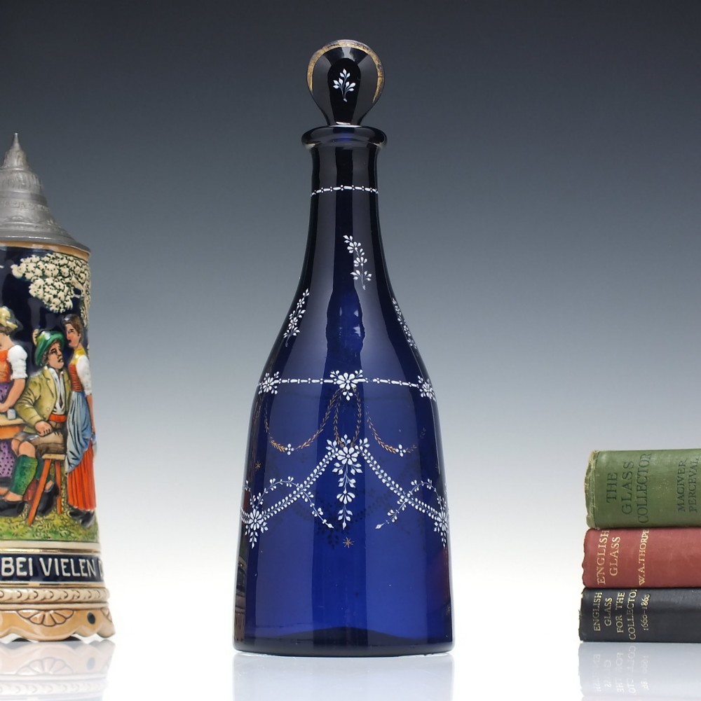 19th Century Enamelled Bohemian Blue Glass Taper Decanter c1820-30