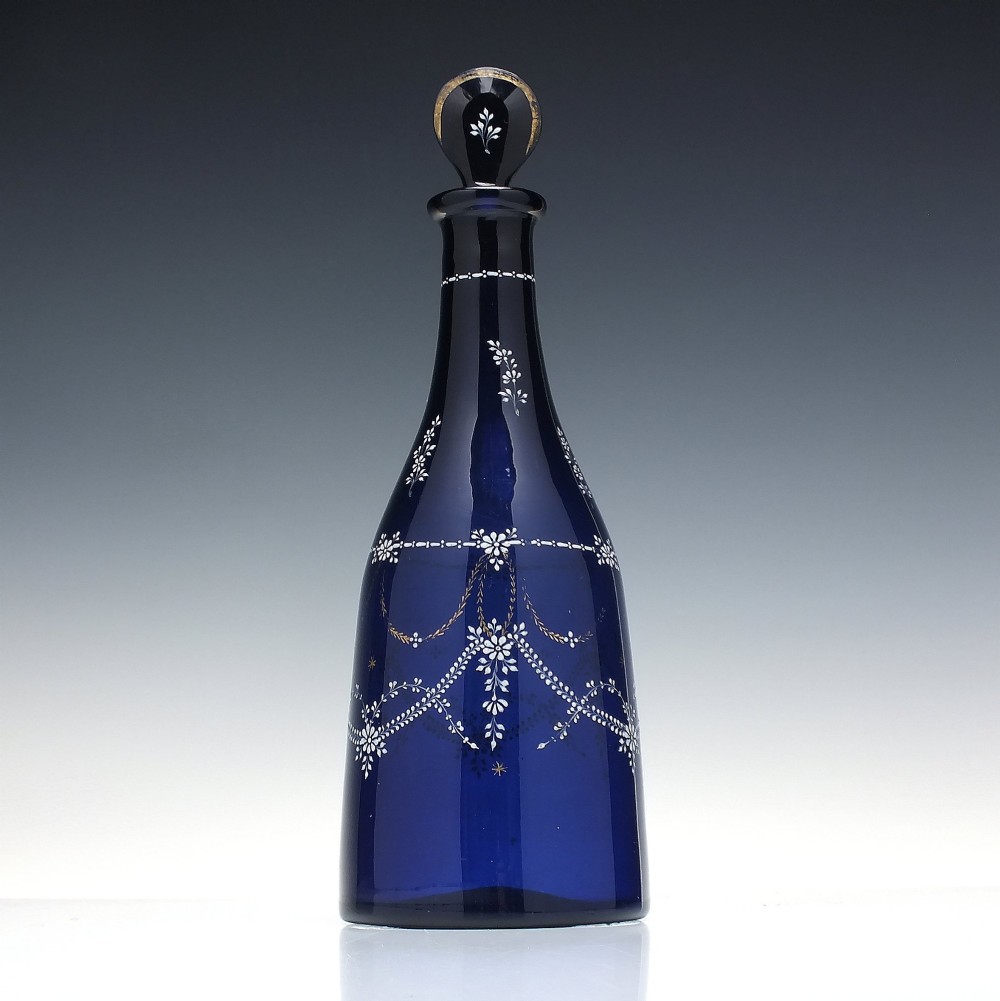 19th Century Enamelled Bohemian Blue Glass Taper Decanter c1820-30 View II