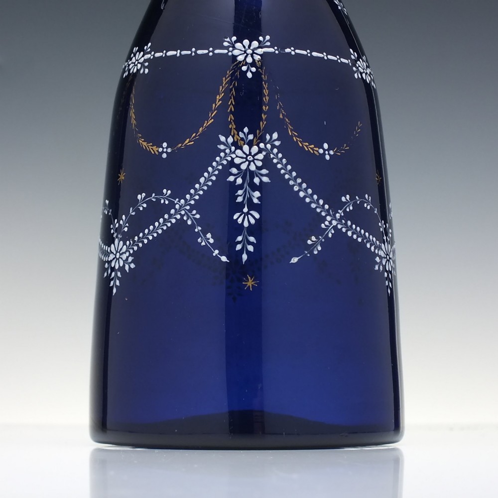 19th Century Enamelled Bohemian Blue Glass Taper Decanter c1820-30 View III