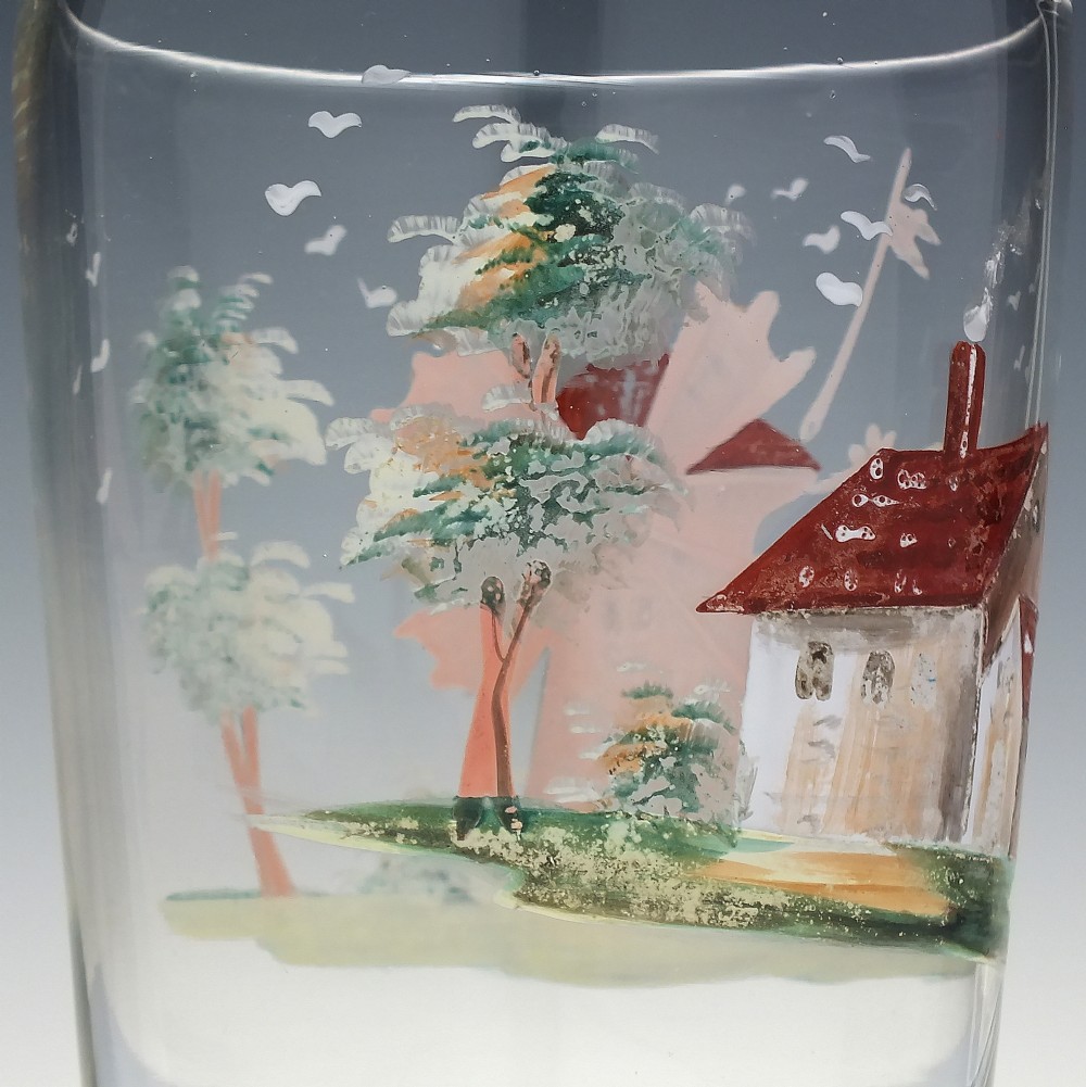 A clear glass tumbler featuring a hand-painted enamel illustration of a windmill and rural cottage. View IV