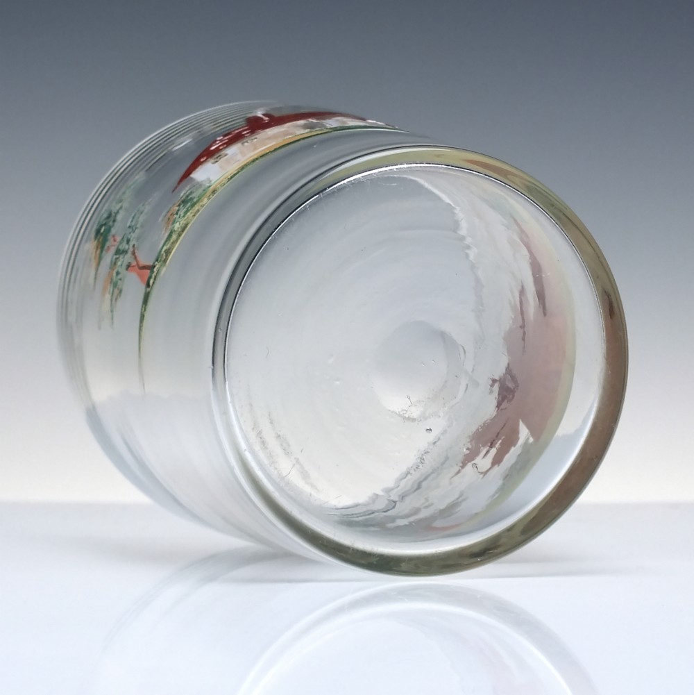 A clear glass tumbler featuring a hand-painted enamel illustration of a windmill and rural cottage. View VI