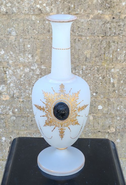 RARE NAPOLEON III OPALINE VASE WITH CAMEO