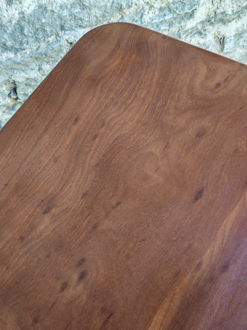 A Regency yew wood tripod table featuring a rectangular top with rounded corners, a turned central column with ebonised rings, and three splayed legs. View V