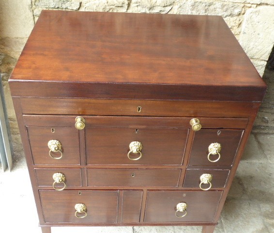 An eighteenth-century mahogany campaign chest with an open top lid, side brass handles, and an extended writing slope lined with green baize. View VIII