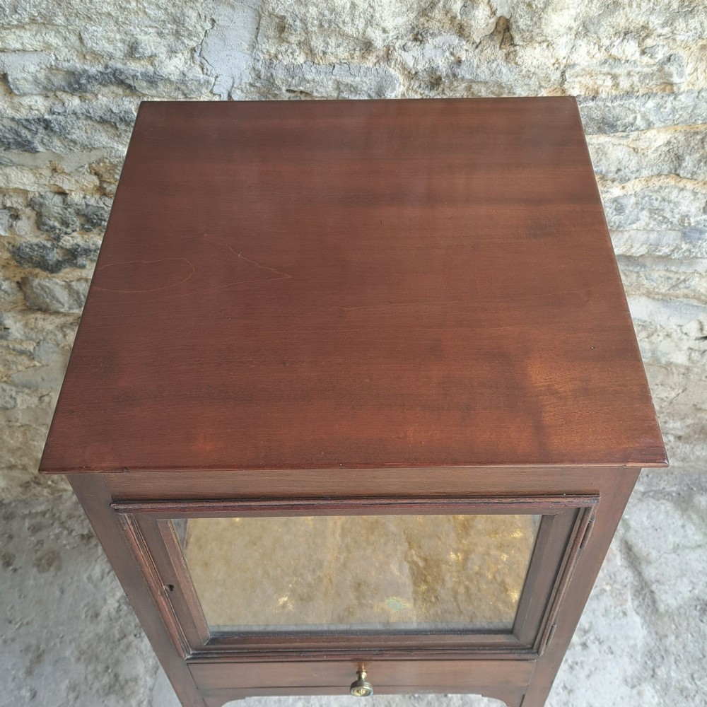 A Georgian mahogany standing display cabinet featuring a glass-enclosed upper section lined with gold fabric, a single lower drawer, and square tapered legs. View IV