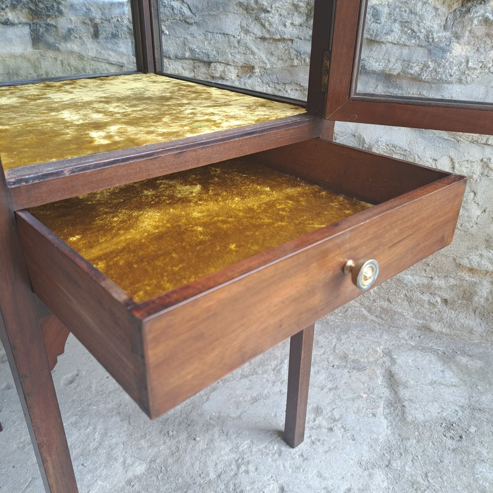 A Georgian mahogany standing display cabinet featuring a glass-enclosed upper section lined with gold fabric, a single lower drawer, and square tapered legs. View VI