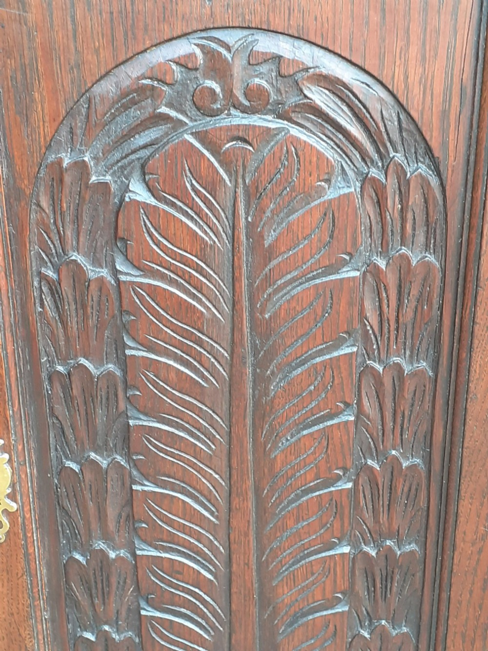 An 18th-century dark oak hanging corner cupboard featuring a single hand-carved foliate panel door and brass escutcheon. View III