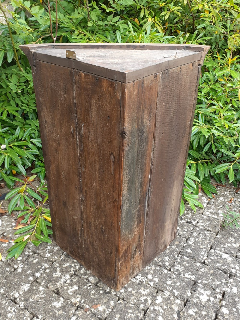An 18th-century dark oak hanging corner cupboard featuring a single hand-carved foliate panel door and brass escutcheon. View VI