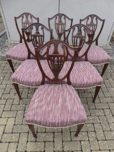 A set of six mahogany Hepplewhite dining chairs featuring carved shield backs with urn motifs and striped fabric upholstery.