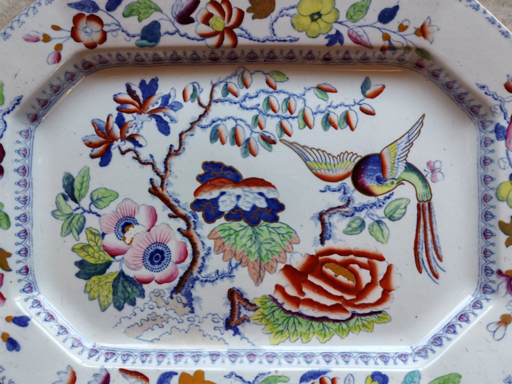 An octagonal antique Masons ironstone serving platter featuring hand-painted Chinoiserie floral patterns and a bird of paradise motif. View II