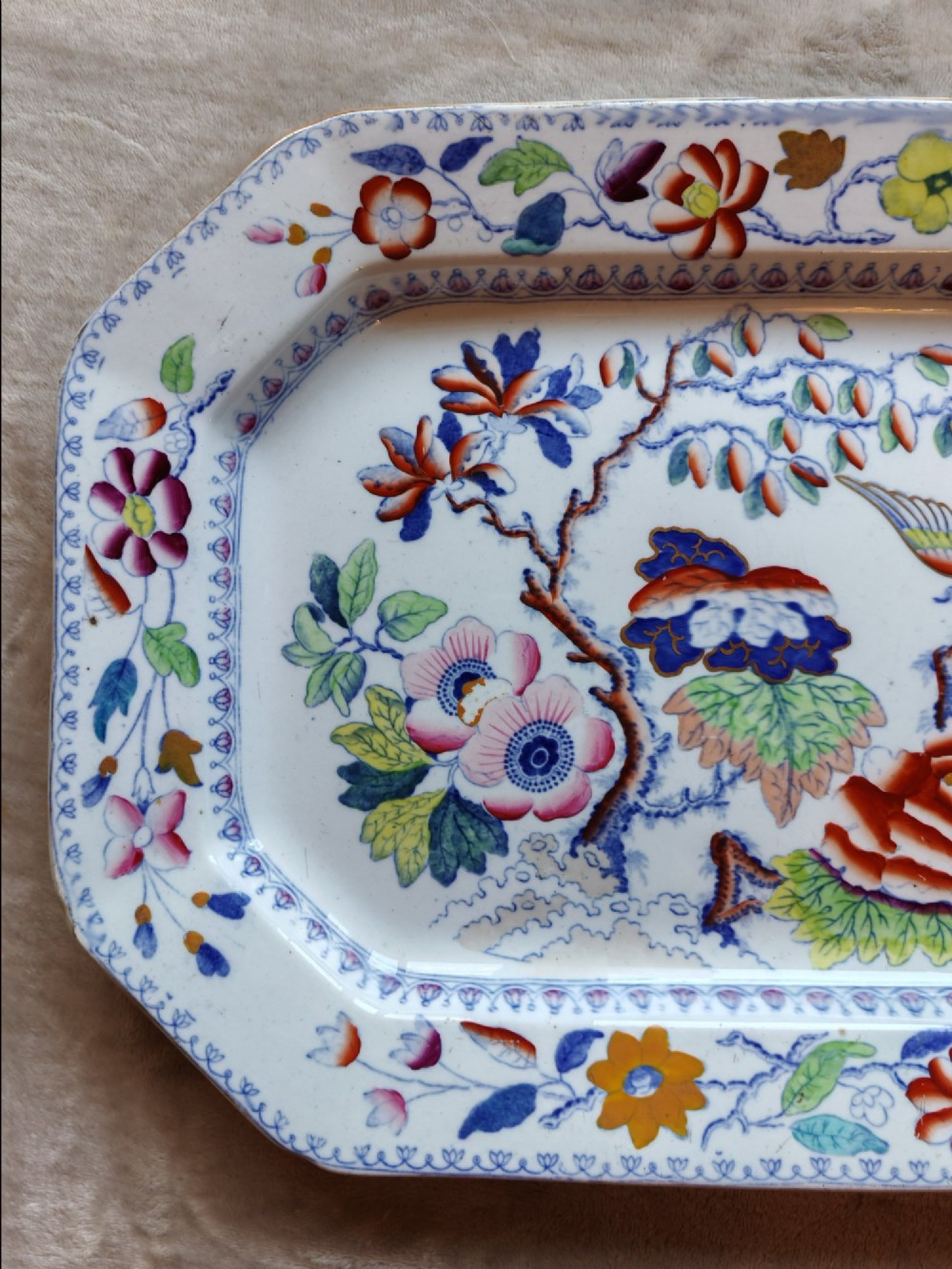 An octagonal antique Masons ironstone serving platter featuring hand-painted Chinoiserie floral patterns and a bird of paradise motif. View III