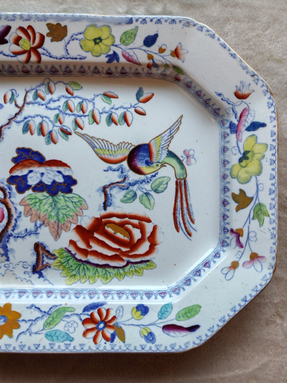 An octagonal antique Masons ironstone serving platter featuring hand-painted Chinoiserie floral patterns and a bird of paradise motif. View IV