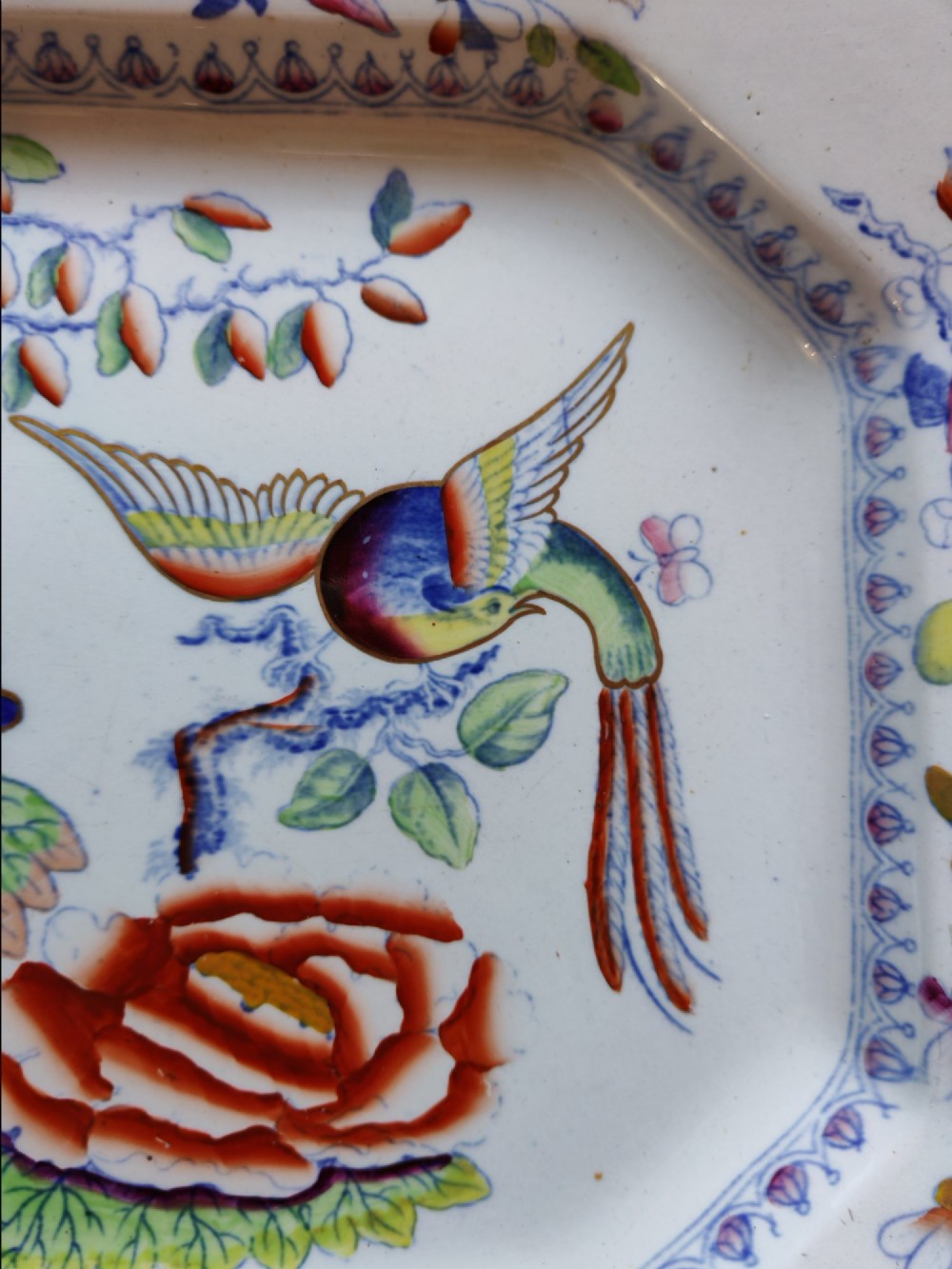 An octagonal antique Masons ironstone serving platter featuring hand-painted Chinoiserie floral patterns and a bird of paradise motif. View V