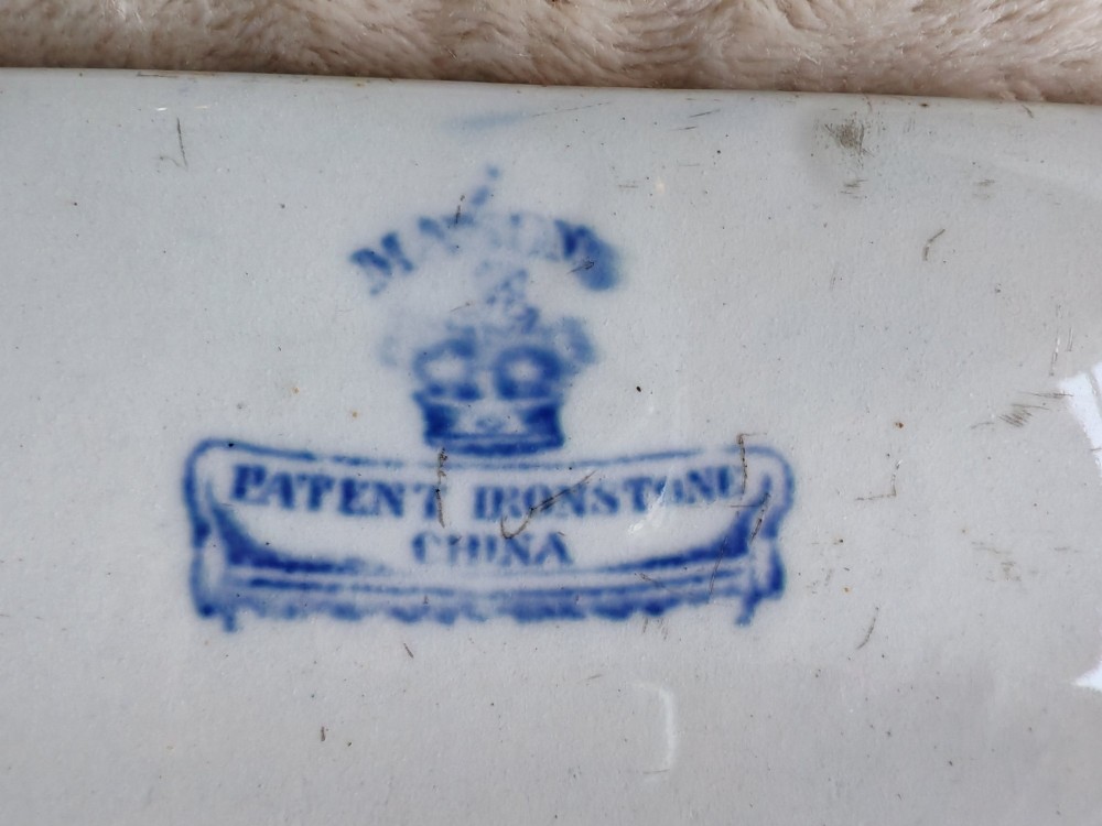 An octagonal antique Masons ironstone serving platter featuring hand-painted Chinoiserie floral patterns and a bird of paradise motif. View VI