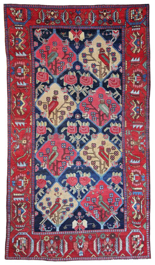 antique baktiari carpet with beautiful parrots - CATEGORY: ANTIQUE RUGS - DATED 1910