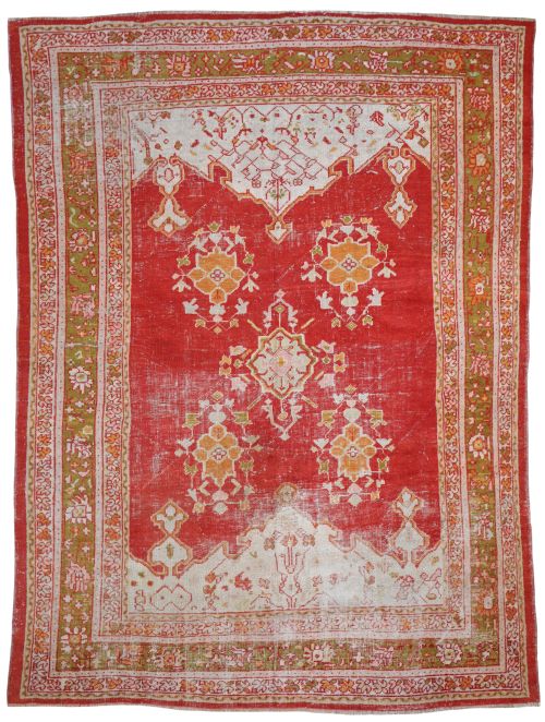 distressed antique ushak carpet - CATEGORY: ANTIQUE RUGS - DATED 1890