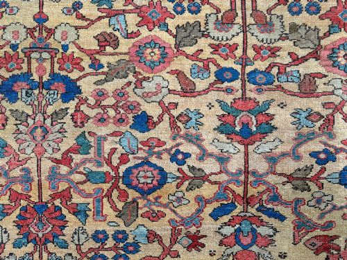 fig 2. An antique Farahan Persian wool carpet with a yellow floral field framed by a dark navy decorative border.