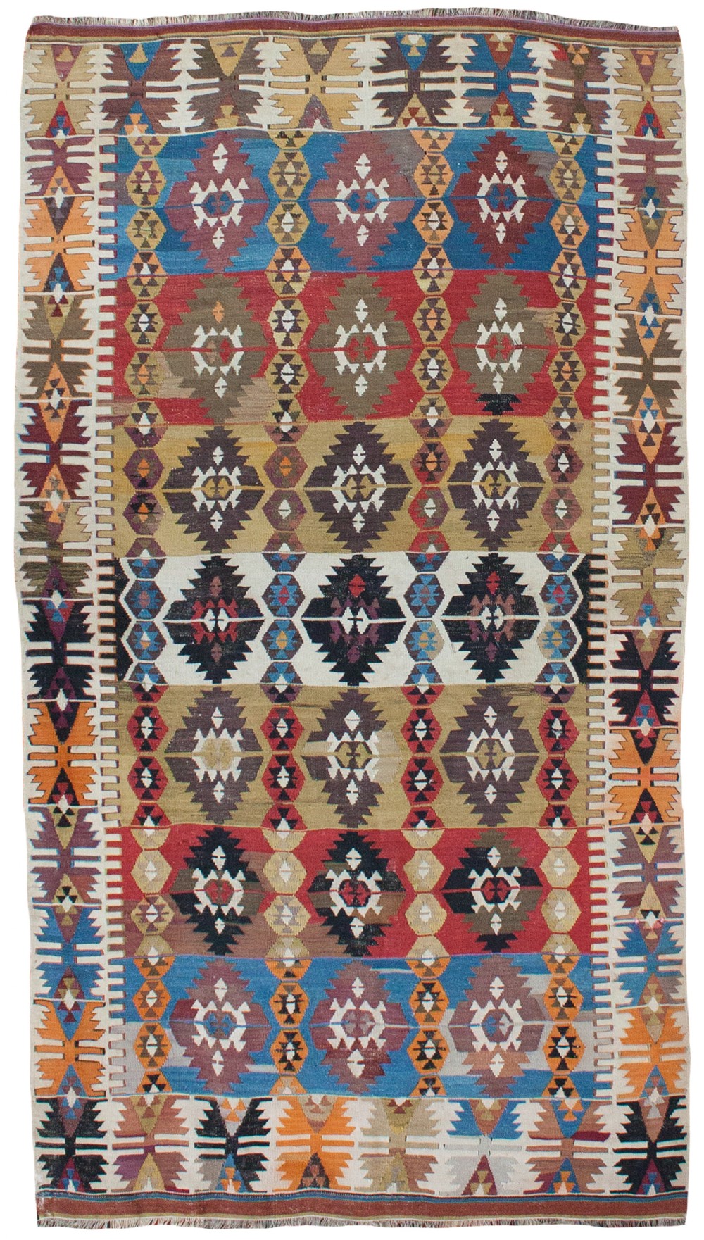 A rectangular handwoven Anatolian Konya kilim rug featuring horizontal bands of geometric diamond motifs in blue, red, yellow, and earth tones.