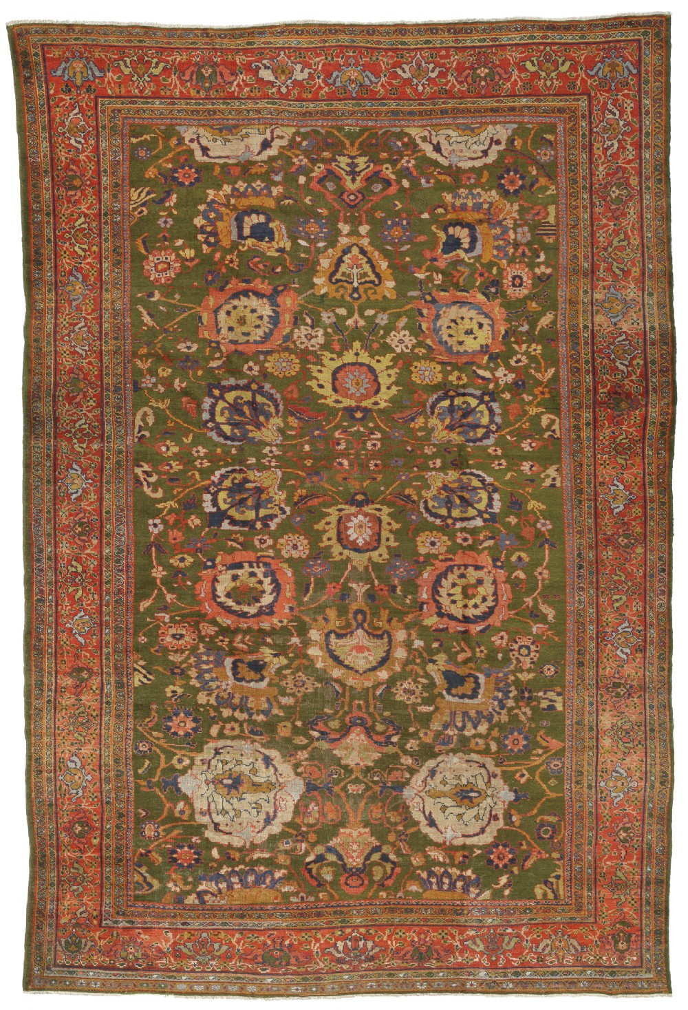 An antique Persian Ziegler carpet featuring a central olive green field filled with large-scale floral palmettes framed by a terracotta floral border.
