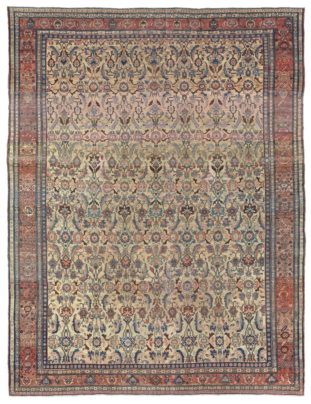 An antique hand-knotted Hamadan carpet featuring an intricate overall floral pattern on a cream field surrounded by a terracotta border.