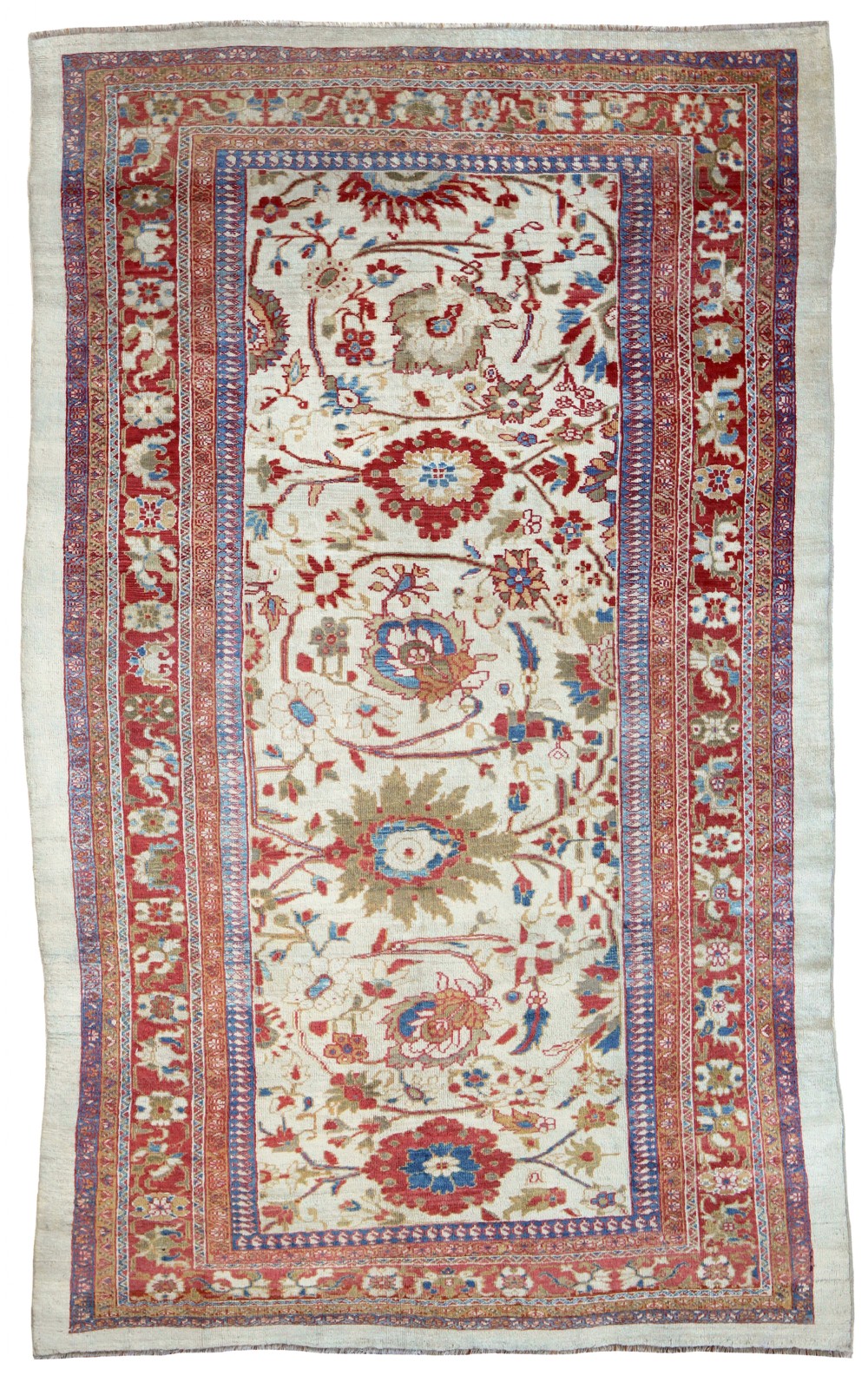 An antique hand-knotted wool carpet featuring an ivory central field patterned with red and blue floral palmettes framed by wide decorative borders.